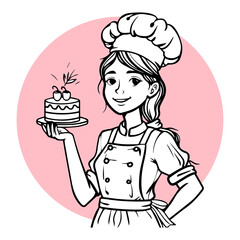 Cute Woman Chef Flat Illustration Cake Bakery Cooking