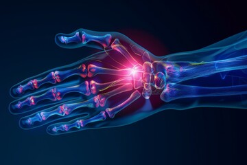 3D X-ray human body with hand pain, blue background.
