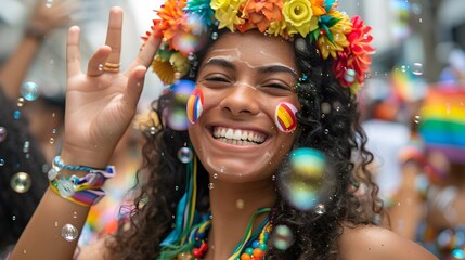 An individual with a colorful flower crown and a pride badge, blowing bubbles and waving to the crowd.