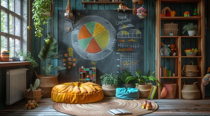 Children's room wall with chalk drawing of pie chart, books and toys on the floor.