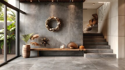 An inviting modern entrance with gray stone tiles, a rustic wooden storage unit, and a seashell wreath on the wall.