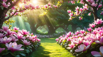 Mysterious fairy tale spring floral wide panoramic banner with fabulous blooming pink magnolias flower summer garden on blurred sunny bright shiny glowing background and copy space - Powered by Adobe
