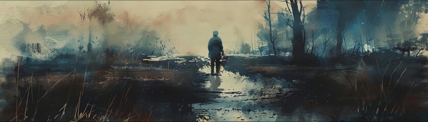 Craft a stunning piece featuring a rear view of a lone survivor in a dystopian world Utilize watercolors to bring out the desolation Show a wilderness camping scene with eerie lighting, emphasizing th