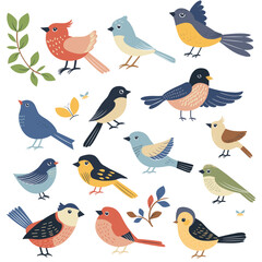 Assorted colorful birds various species feathers foliage. Cartoon style avian collection wildlife nature. Cute bird elements fauna illustration graphic