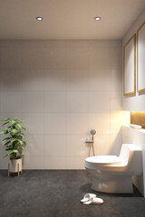 3d render of illustration of bathroom interior modern style. Closet cornerwith frame mock up. Gray cement floor, white marble wall finish and white ceiling. Set 2