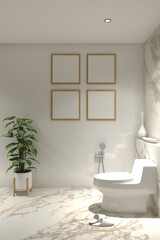 3d render of illustration of bathroom interior modern style. Closet cornerwith frame mock up. Gray cement floor, white marble wall finish and white ceiling. Set 3