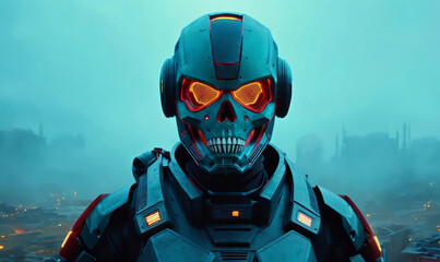 Science Fiction Military Soldier in  Black Armor and Skull Shaped Designed Helmet Glowing Eyes