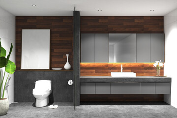 3d render of illustration of bathroom interior modern style. Closet and basin table with frame mock up. Gray cabinet, gray cement floor, wooden cladding wall finish and white ceiling. Set 9
