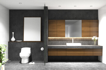 3d render of illustration of bathroom interior modern style. Closet and basin table with frame mock up. Wooden cabinet, gray cement floor, gray cement wall finish and white ceiling. Set 10