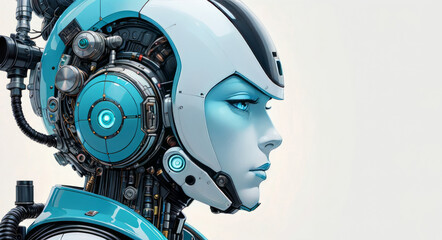 Illustrated Portrait of a Cyborg Woman in Teal with Tubes, Pipes Simple Background