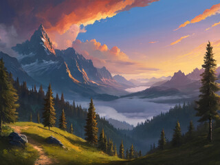 Beautiful Illustrated Mountain Landscape Grass Hill Trees Fog Cloudy Blue Sky