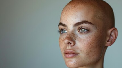 Naklejka premium Young bald woman suffering from hair loss after chemotherapy treatment for cancer, black background with space for text on the side，Courageous Woman Embracing Life after Chemotherapy - 4K HD Wallpaper