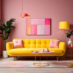 living room interior yellow color sofa with a yellow lamp pillows are pink color 