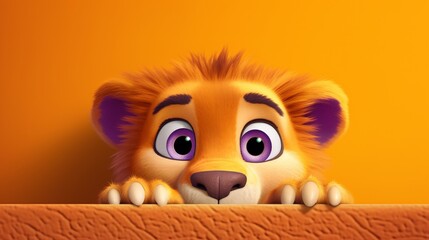 Obraz premium A playful lion with big eyes curiously peeks over a bright colored edge, Ai Generated