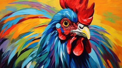 A playful rooster with big eyes curiously peeks over a bright colored edge, Ai Generated