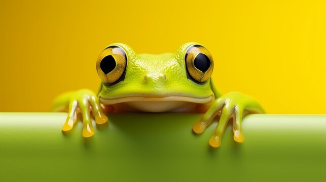 A playful frog with big eyes curiously peeks over a bright colored edge, Ai Generated
