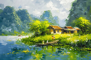Oil painting of the countryside and rivers of western Vietnam