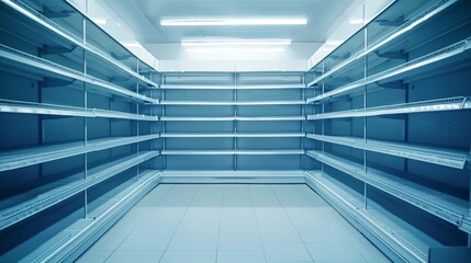 Fototapeta premium The concept of a shortage of goods and food deficit, depicted by empty shelves in a supermarket, Ai Generated