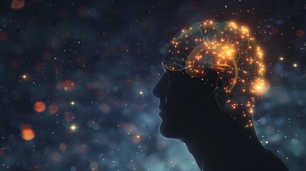 Obraz premium Spiritual life and esoteric concept, illustrated by the silhouette of a human head with glowing neurons, Ai Generated