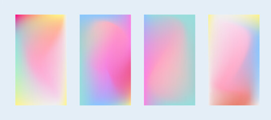 Y2K vector holographic gradients. Iridescent pastel ombre hologram texture. Rainbow holo feminine gradient background set. Fluid mesh gradients for girlie aura effect social media designs