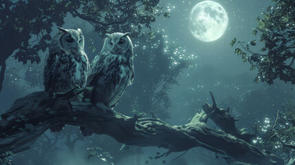 Mystical scene with two owls under the full moon in a foggy forest, exuding an aura of mystery and nature's quiet.