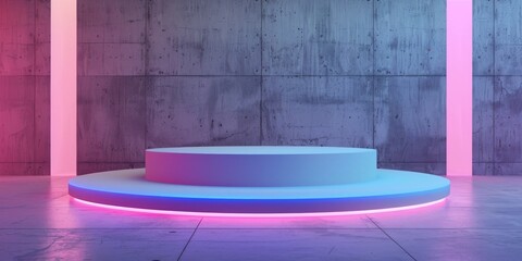 Minimal and modern podium for product display in the center of an empty room with concrete walls, illuminated in the style of neon lights in blue, purple, and pink colors.