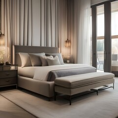 A serene bedroom with a neutral color palette, sheer curtains, and a plush area rug1