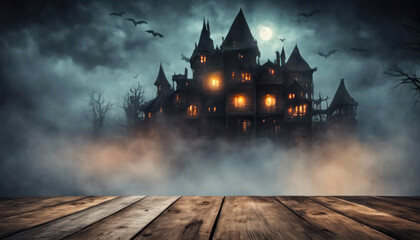 Halloween backdrop with fog bats and grungy castle