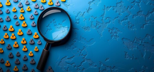 Photo of a magnifying glass over target audience icons on a blue background, showing a customer profile concept for business and marketing planning.