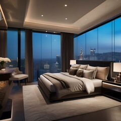 A luxurious bedroom with a king-sized bed, elegant decor, and a view of the city skyline2