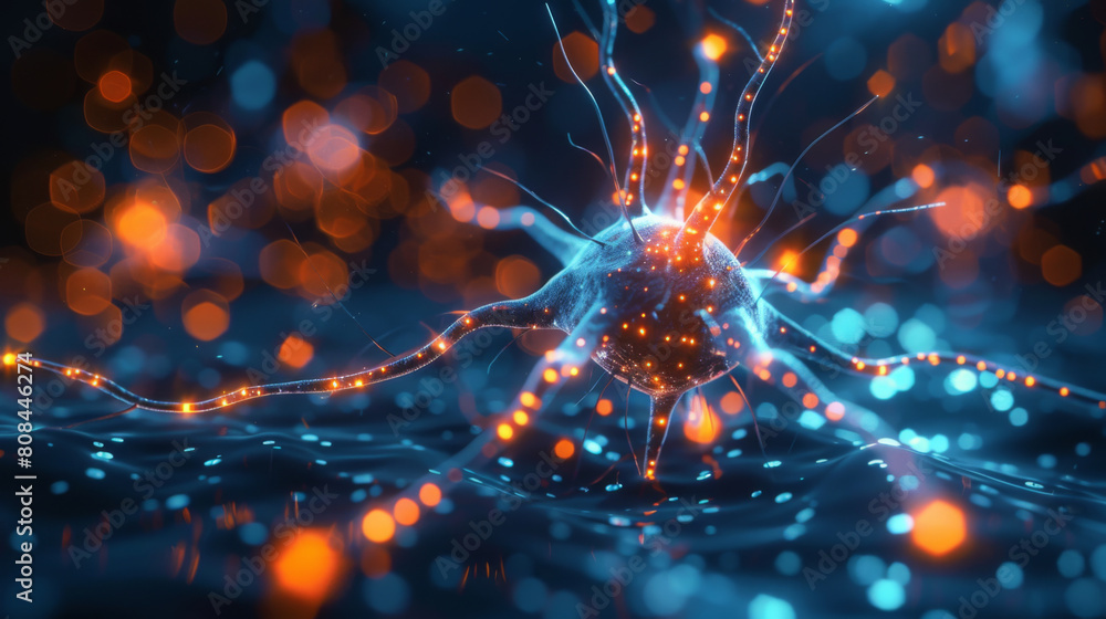 Poster dynamic depiction of an active neural network with vibrant orange highlights indicating neural activ