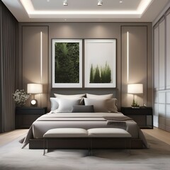 A tranquil bedroom with a neutral color palette, soft lighting, and botanical prints4