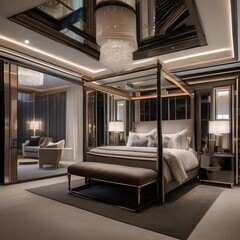 A glamorous bedroom with a four-poster bed, mirrored furniture, and a plush area rug2
