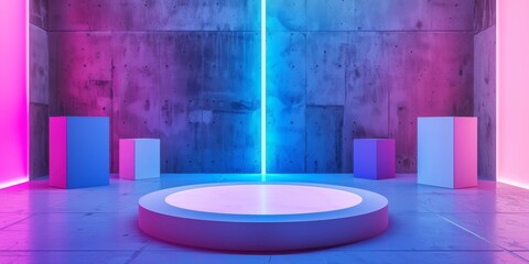 Round podium in the center of an empty room with concrete walls, illuminated by neon lights.