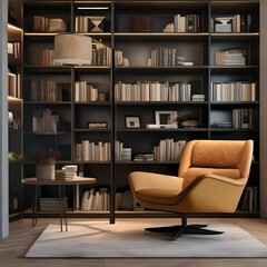 A cozy reading nook with a comfortable chair, floor lamp, and bookshelves1