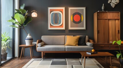 Contemporary Japanese living space featuring a plush mid-century sofa near a vintage wooden cabinet against a dark accent wall with abstract posters.