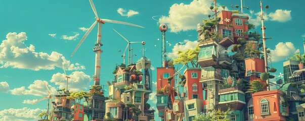 Craft a colorful, fantastical metropolis awakening to sustainable living with a low-angle lens capturing quirky buildings made of recycled materials, wind turbines twirling in the sky, and whimsical c