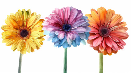 A trio of vibrant Gerbera daisies, featuring petals in yellow, pink, and orange, isolated on a white background.