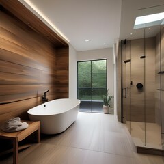 A spa-like bathroom with a soaking tub, rain shower, and natural wood accents1