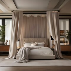 A cozy bedroom with a canopy bed, silk drapes, and a plush area rug1