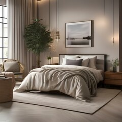 A tranquil bedroom with a neutral color palette, soft lighting, and botanical prints1