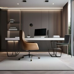 A sleek home office with a glass desk, modern chair, and minimalist decor3