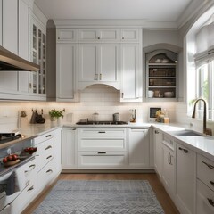 A bright and airy kitchen with white cabinets, subway tile backsplash, and a breakfast nook2