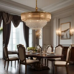 A classic dining room with a mahogany table, upholstered chairs, and a brass chandelier2