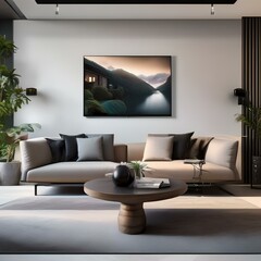 A stylish living room with a modular sofa, sculptural coffee table, and wall-mounted TV4