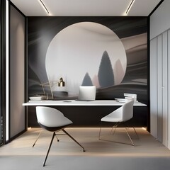 A sleek home office with a minimalist desk, swivel chair, and abstract wall mural5