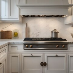 A classic kitchen with white cabinets, marble countertops, and a subway tile backsplash1