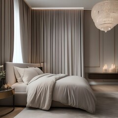 A serene bedroom with a neutral color palette, sheer curtains, and a plush area rug5