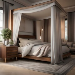 A cozy bedroom with a canopy bed, plush rug, and soft lighting1