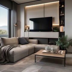 A contemporary living room with a sectional sofa, coffee table, and wall-mounted TV4